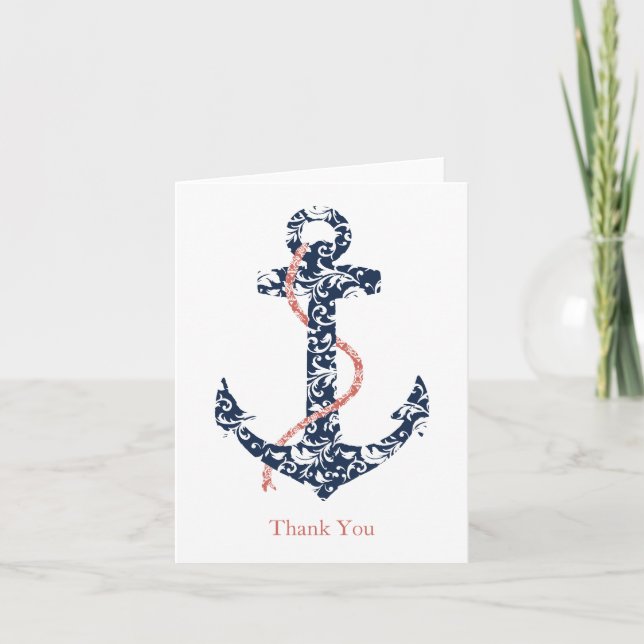 Tack för Navy och Coral Anchor Beach bröllop Kort (Framsida)