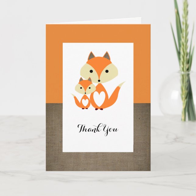 Tack för orange Fox Burlap Baby Shower Kort (Framsida)