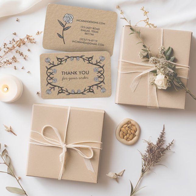TACK för ORDER Chic Elegant Ro Ram Kraft Visitkort (Sweet roses frame kraft business cards thank you for your order cards)