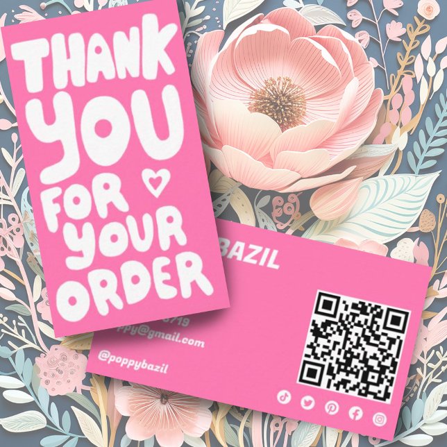 Tack for Order Social Icons QR Code Rosa Visitkort (Custom order thank you business card with QR code and social media icons)