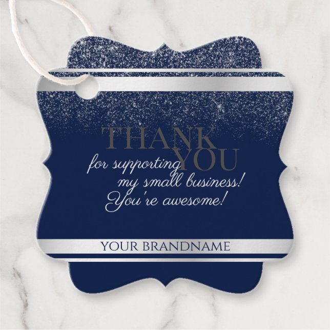 Tack för paketering i klass Mörk blått och Silver Gåvor Etiketter (Framsida)