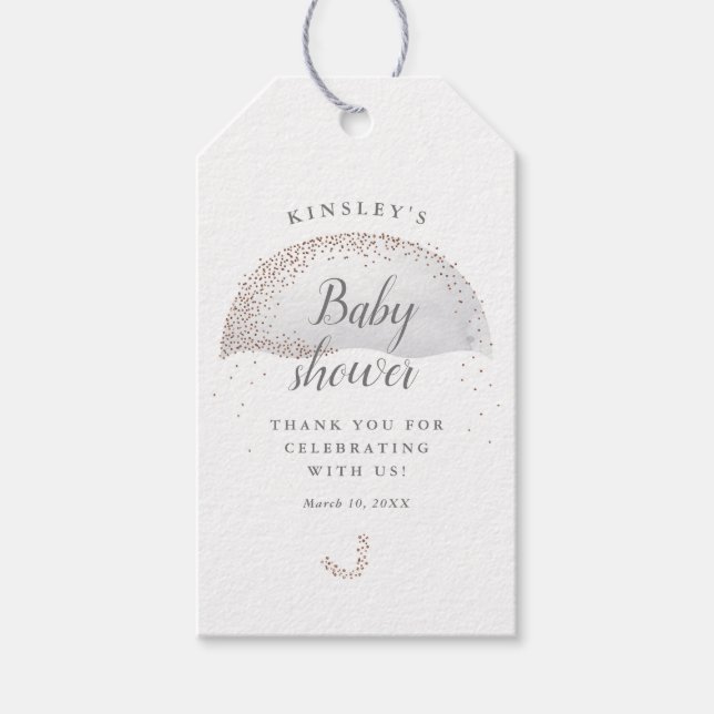 Tack för paraplybabyduschen i glitter grått presentetikett (Framsidan)