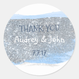 Tack för pastellblå målning silver Glitter Runt Klistermärke