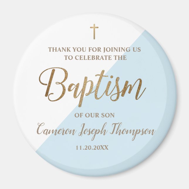 Tack för personligens blå Pojke-baptism Magnet (Framsidan)