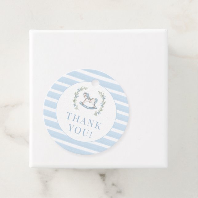 Tack för pojke-duschen med den blå roderhästen gåvor etiketter (På plats)