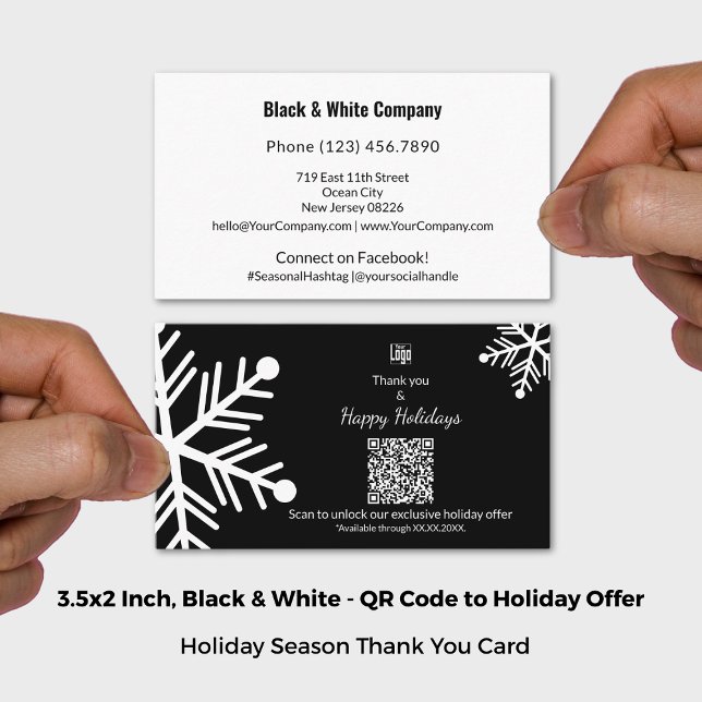Tack för QR-erbjudande för svartvitt-Exklusiv Visitkort (Black & White Holiday Exclusive QR Offer Thank You Business Card; Size: 3.5x2 Inch (US))