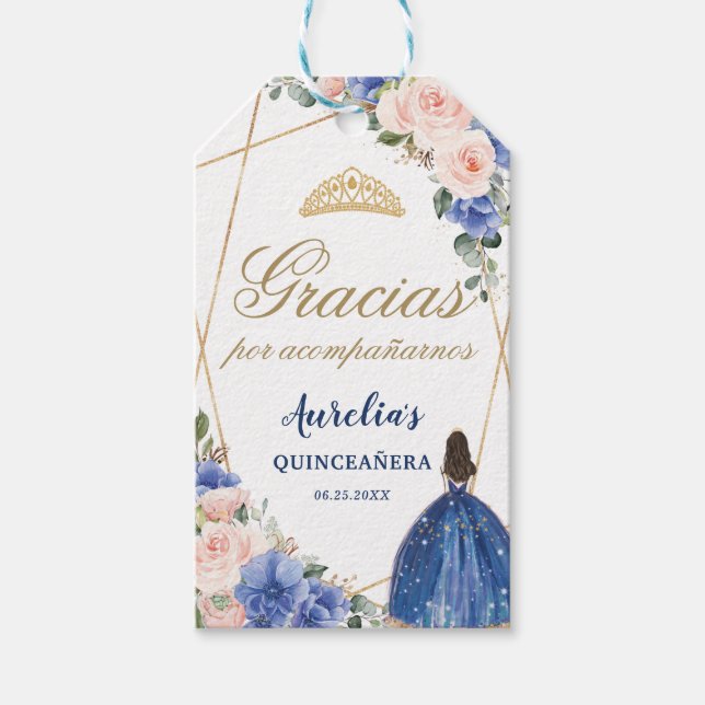 Tack för Quinceanera-favoriter för blå  Blommigt Presentetikett (Framsidan)