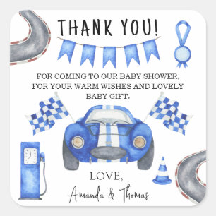 Tack för Racerbils-Baby Shower Fyrkantigt Klistermärke