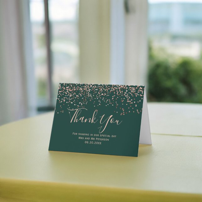 Tack för Ro-guld-konetti-smaragdtypografi Kort (Rose gold confetti emerald typography thank you card)