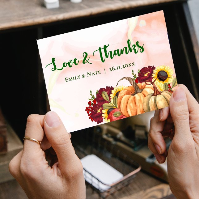 Tack för Romantic Pumpkin Höst löv Fall Wedding Vykort (Romantic Pumpkin Autumn Leaves Fall Wedding Thank Postcard)