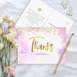 Tack för Rosa av vattenfärg för bat mitzvah Guld-s Vykort<br><div class="desc">Se till att din favorit Bat mitzvah visar hennes uppskattning för alla som stödde hennes milstolpe-händelse! Skicka ut det här fantastiska, moderna, glansfulla handskrivna skript i guld-faux-folie och små punkter som täcker en ljus rosa vattenfärgsbakgrund, tack vare personligen. Anpassa till namn i din Bat mitzvah. Lägg till en anteckning på...</div>