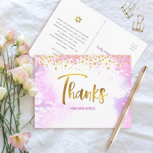 Tack för Rosa av vattenfärg för bat mitzvah Guld-s Vykort