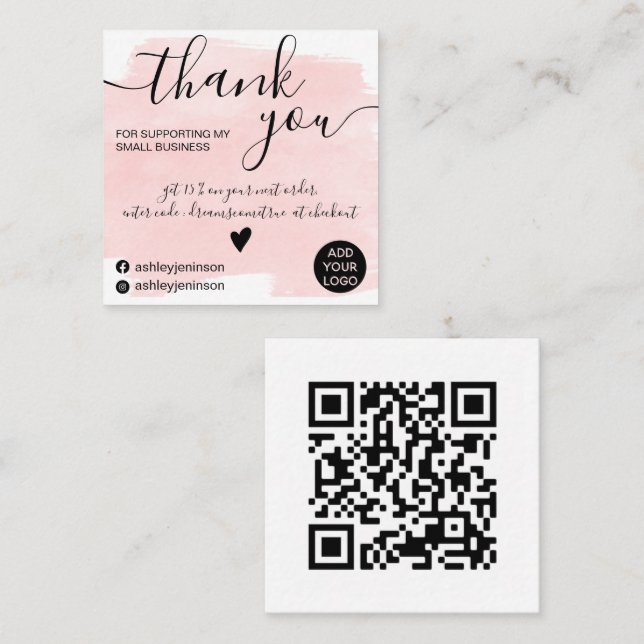 Tack för rosa av vattenfärg för Qr-penseldrag Fyrkantigt Visitkort (Fram/baksida)