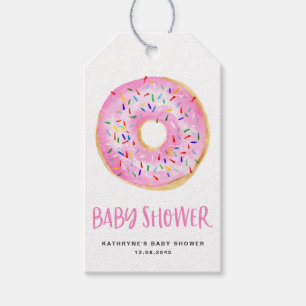 Tack för Rosa av vattenfärgen Donut Baby Shower Presentetikett