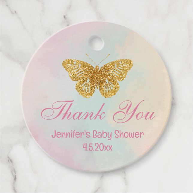 Tack för rosa-babyduschen i guld, chic gåvor etiketter (Framsida)