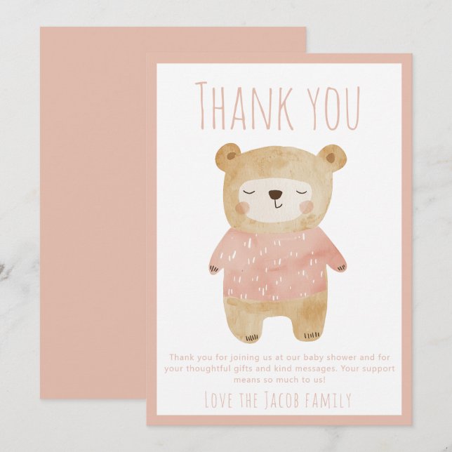 Tack för rosa Bear Baby Shower Cute (Fram/baksida)