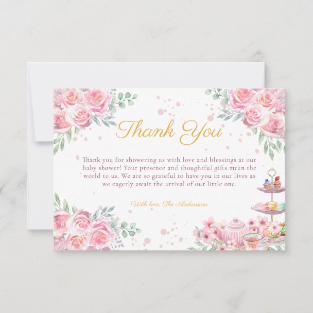 Tack för Rosa Blommig Tekalas Baby Shower Kort (Framsida)