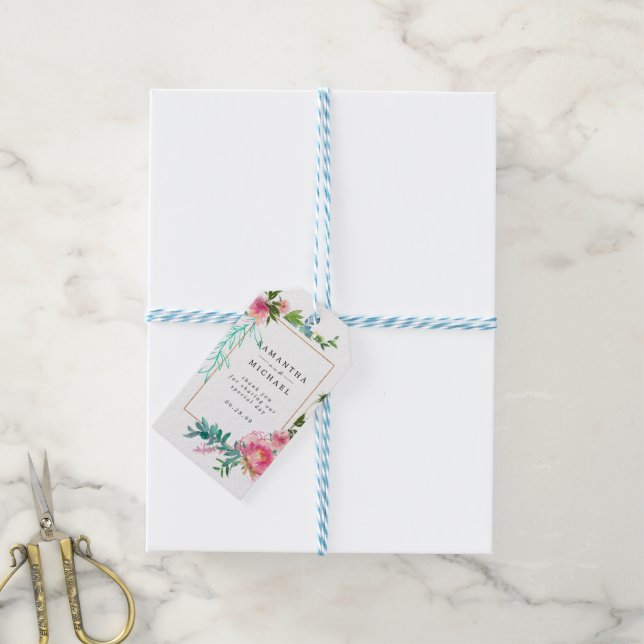 Tack för rosa Blommigt-bröllop Presentetikett (Med Snöre)