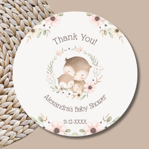 Tack för  Rosa Blommigt Forest Uggla Baby Shower Runt Klistermärke
