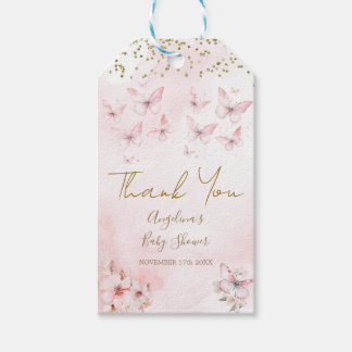 Tack för rosa Butterfly Baby Shower Presentetikett