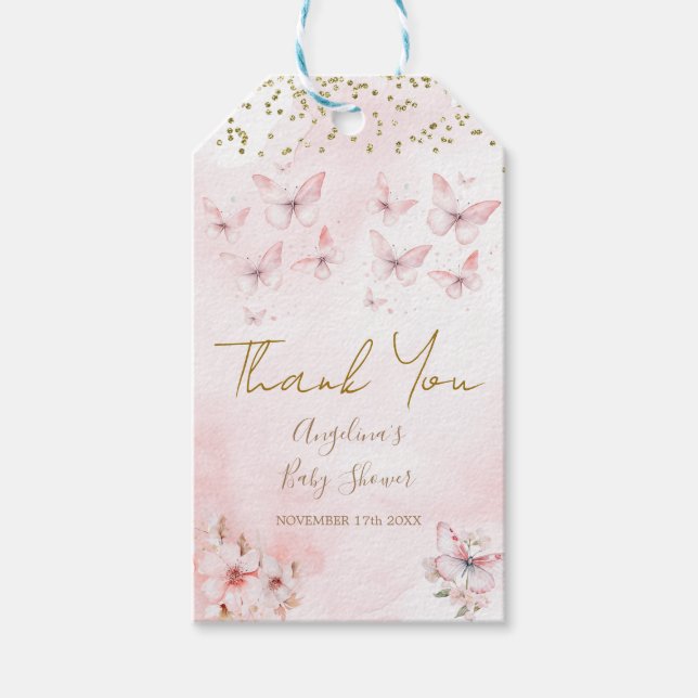 Tack för rosa Butterfly Baby Shower Presentetikett (Framsidan)