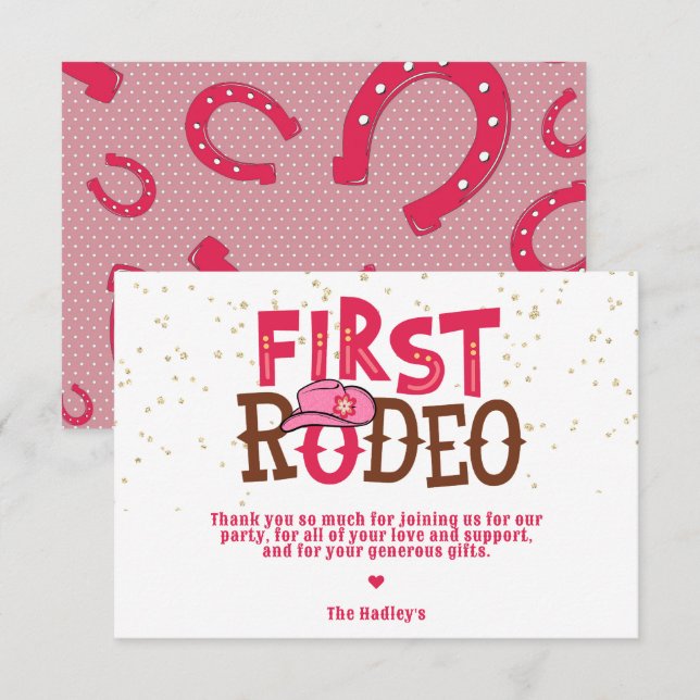 Tack för Rosa Cowgirl 1:a Rodeo Kort (Fram/baksida)