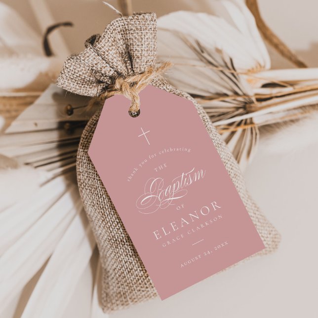 Tack för rosa Elegant Calligraphy Baptism Presentetikett (Skapare uppladdad)