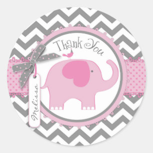 Tack för rosa Elephant and Chevron Print Runt Klistermärke