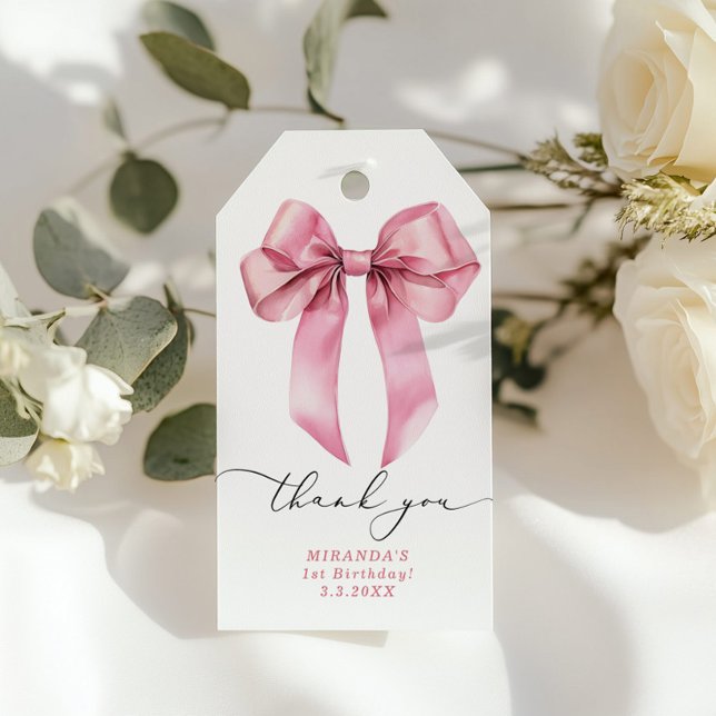 Tack för rosa födelsedagsfirande med Rosett-flicka Presentetikett (Skapare uppladdad)