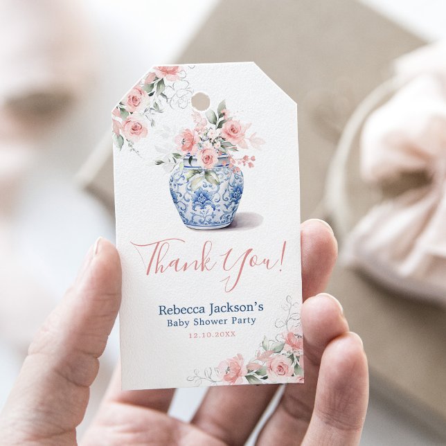 Tack för  Rosa Ginger Burk Baby Shower Presentetikett (Skapare uppladdad)