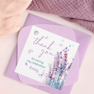Tack för rosa lila blomsterfjäril gåvor etiketter