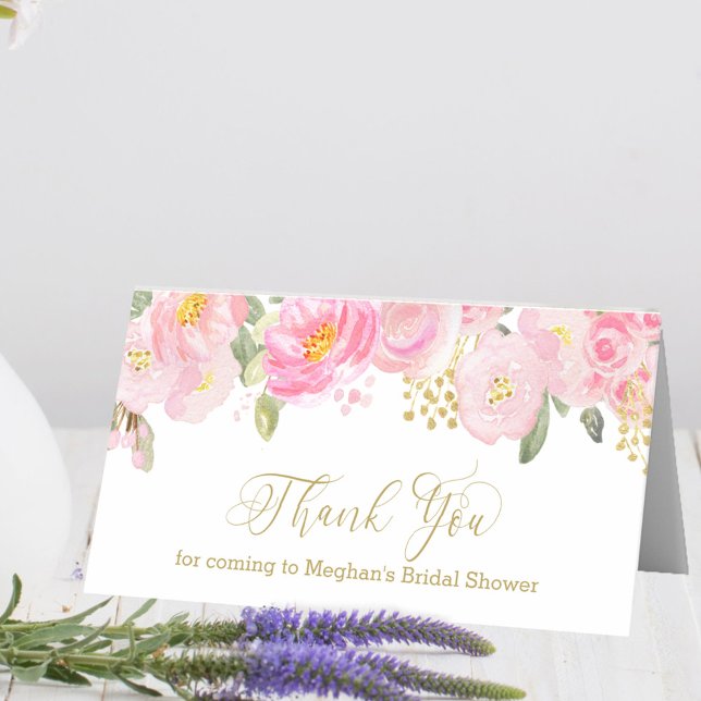 Tack för  Rosa och Guld-Blommigt Placeringskort (Mini thank you card from my Pink and Gold Watercolor Floral Collection)