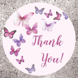 Tack för rosa och Lila Butterfly Baby Shower Runt Klistermärke