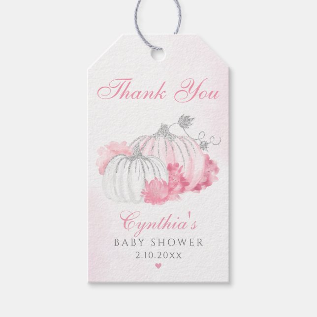 Tack för rosa Pumpkin Baby Shower Presentetikett (Framsidan)
