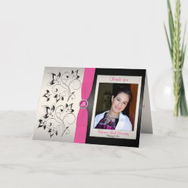 Tack för rosa, svartvitt och Silver med foto Kort