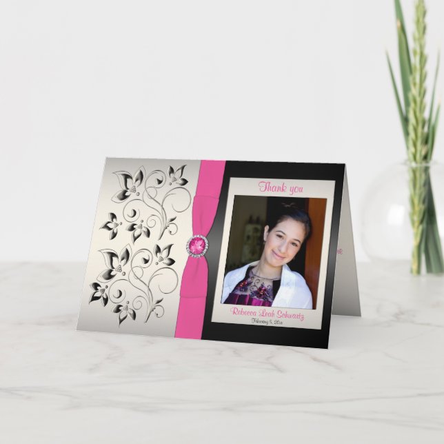 Tack för rosa, svartvitt och Silver med foto Kort (Framsida)