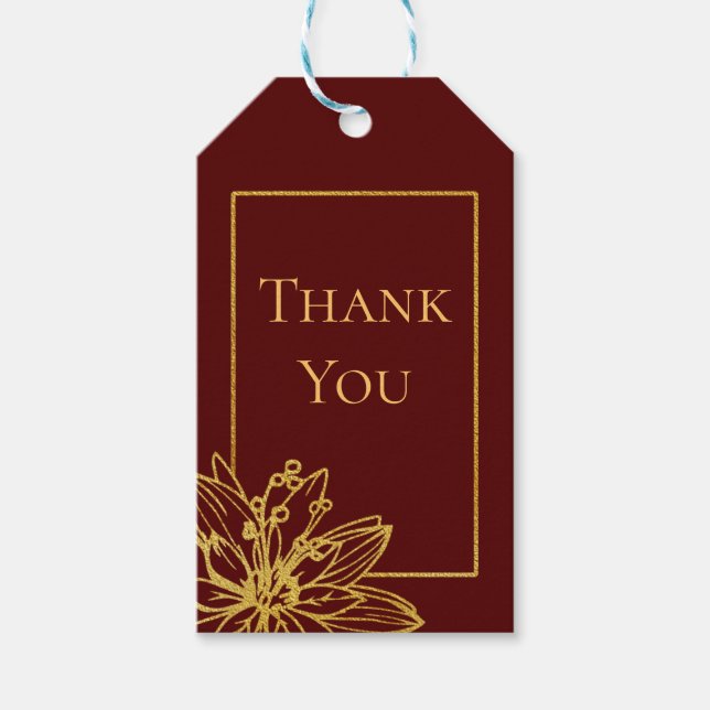 Tack för rött och Guld Blommigt-bröllop Presentetikett (Framsidan)
