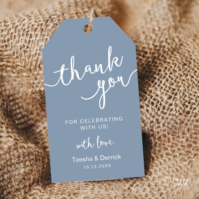 Tack för Rustic Bröllopsfest Presentetikett (Rustic Wedding Party Favor Thank You Gift Tags in Dusty Blue)