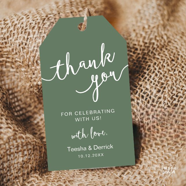 Tack för Rustic Bröllopsfest Presentetikett (Rustic Wedding Party Favor Thank You Gift Tags in Sage Green)