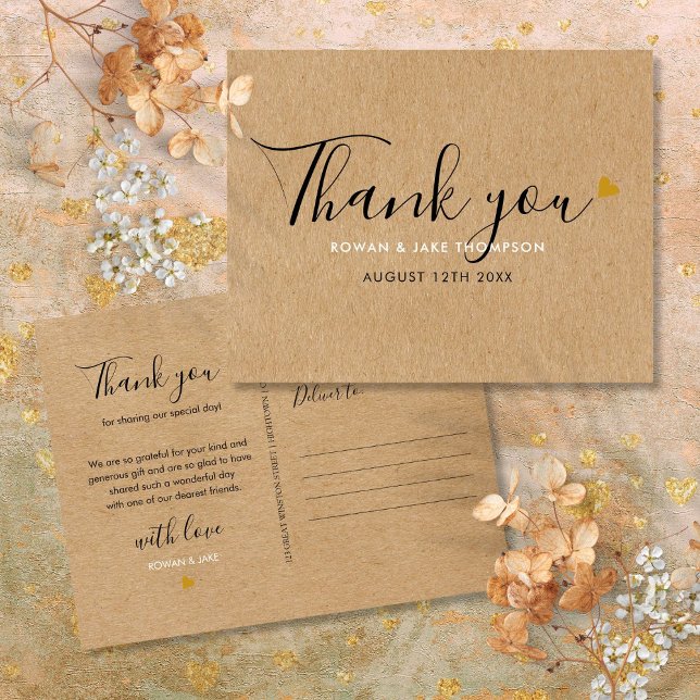 Tack för Rustic Kraft-Elegant Vykort (Rustic Kraft Elegant Script Thank You Postcard)