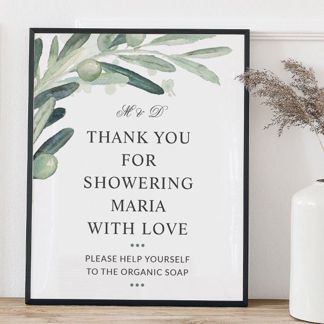 Tack för Rustic Olive Greenery Möhippa Poster (Rustic Olive Greenery Bridal Shower Thank You Sign)