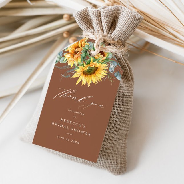 Tack för Rustic SolrossolrosMöhippa Presentetikett (Elegant rustic sunflower copper bridal shower thank you favor tag.)