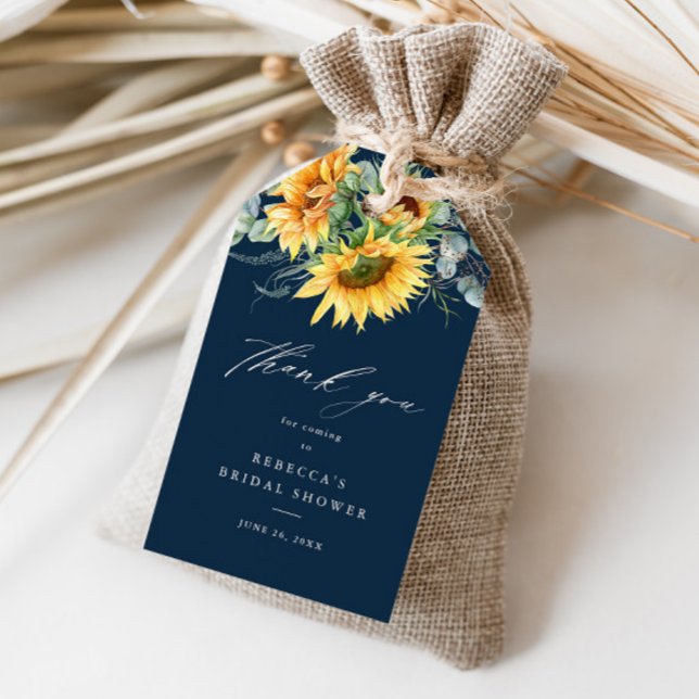 Tack för Rustic SolrossolrosMöhippa Presentetikett (Elegant rustic sunflower navy blue bridal shower thank you favor tag.)