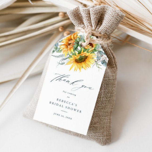 Tack för Rustic SolrossolrosMöhippa Presentetikett (Elegant rustic sunflower white bridal shower thank you favor tag.)