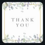 Tack för Sage- och Lilac-Blommigt Fyrkantigt Klistermärke<br><div class="desc">Designad att samordna med vår insamling av säd och lilac-betesmark bröllop. Söt sage och lilac löv tumlar över en elegant guld ram som omger ditt tackmeddelande som anges i klassisk elegant. Designad av Thisisnotme©</div>
