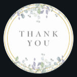 Tack för Sage- och Lilac-Blommigt Runt Klistermärke<br><div class="desc">Söt sage och lilac löv tumlar över en elegant guld ram som omger ditt tackmeddelande som anges i klassisk elegant. Designad av Thisisnotme©</div>