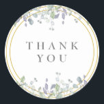 Tack för Sage- och Lilac-Blommigt Runt Klistermärke<br><div class="desc">Söt sage och lilac löv tumlar över en elegant guld ram som omger ditt tackmeddelande som anges i klassisk elegant. Designad av Thisisnotme©</div>
