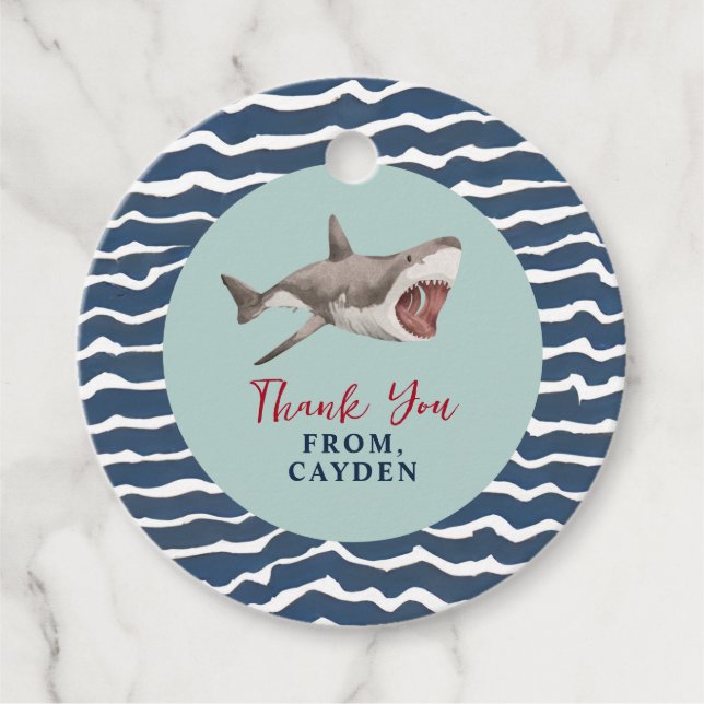 Tack för Shark födelsedagsfest Gåvor Etiketter (Framsida)