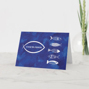Tack för Simman Coach with Fish on Blue Adding Kort
