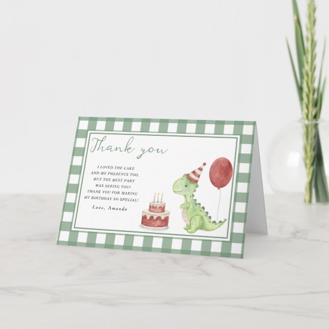 Tack för söt dinosaurie födelsedagsfest kort (Framsida)